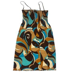 Vintage dress size medium brown and blue abstract retro print pattern dress